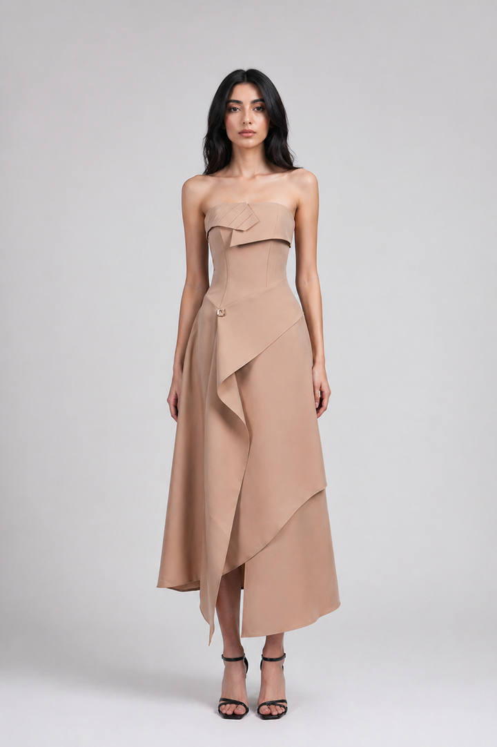 Beige Strapless Draped Midi Dress - SCULPTA