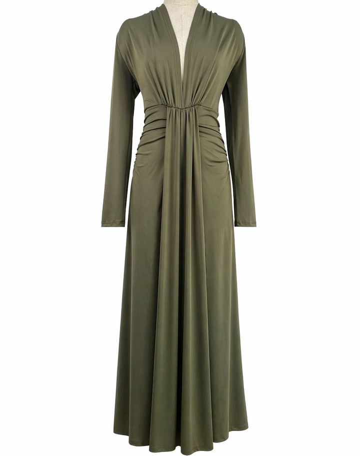 Olive Green Ruched Maxi Dress with Deep V Neck - ZELORA