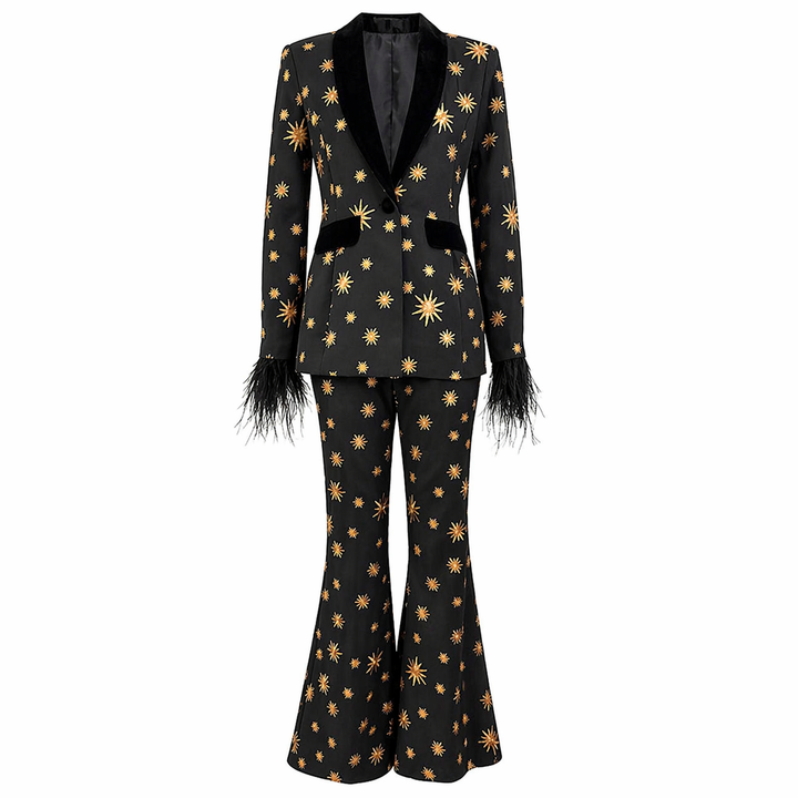Black Star Print Blazer and Pants Set with Feather Cuffs - ASTORIA