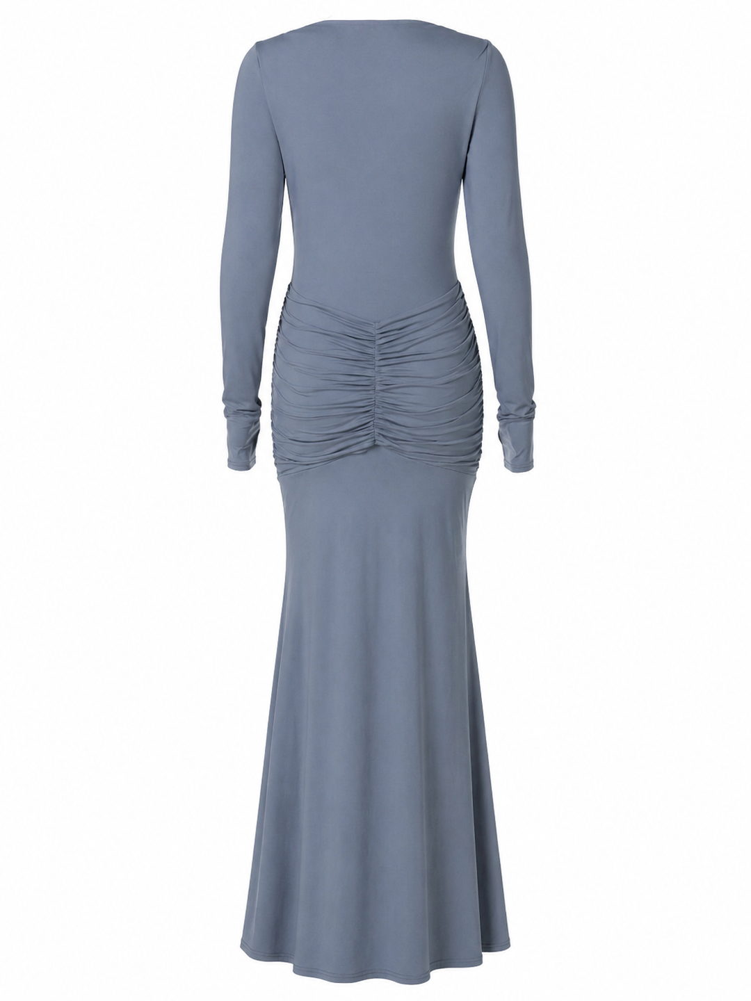 Dusty Blue Ruched Maxi Dress with Black Tie- AURÉLIA
