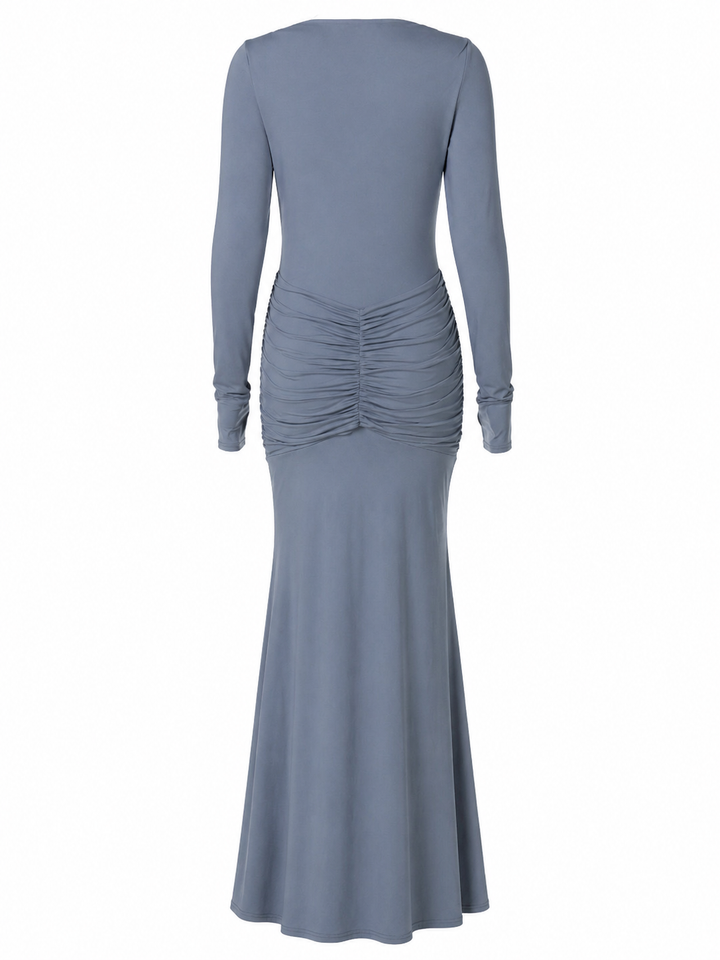 Dusty Blue Ruched Maxi Dress with Black Tie- AURÉLIA