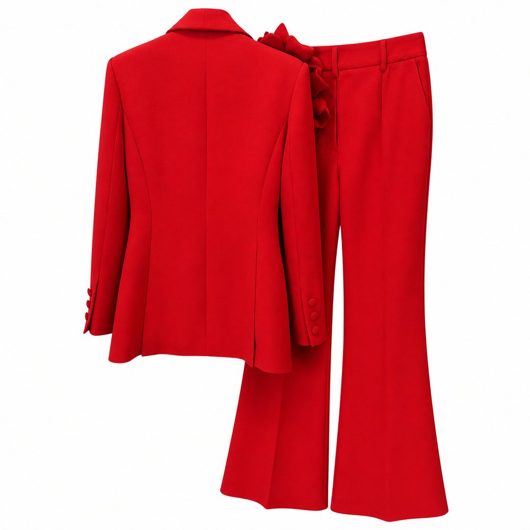 Red Floral Statement Blazer & Flared Pants Set – ROSÉLLE