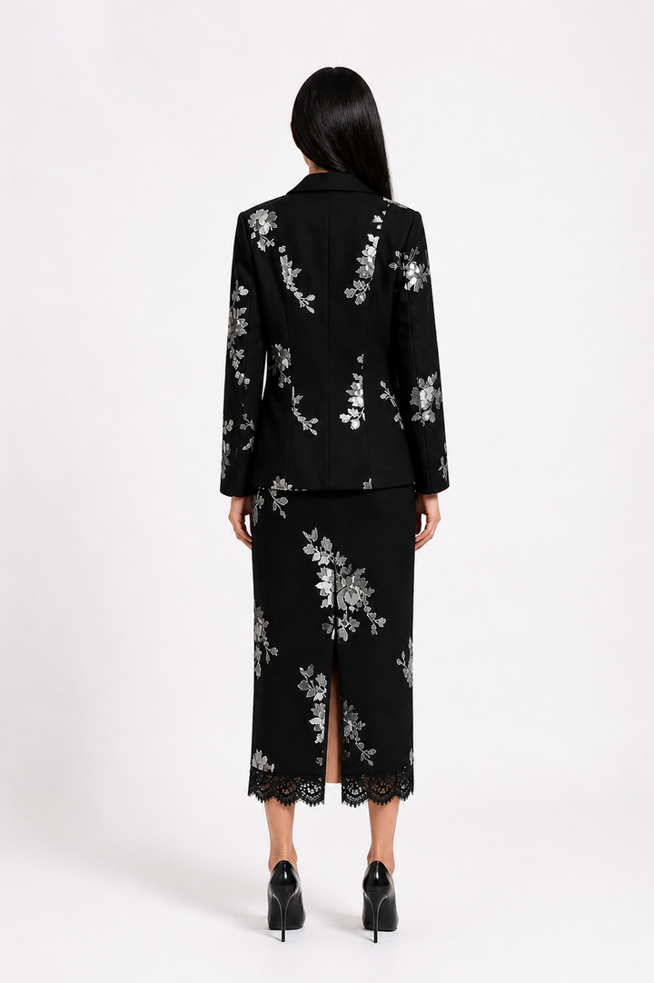 Black Floral Embroidered Blazer & Pencil Skirt Set – NOIRÉA