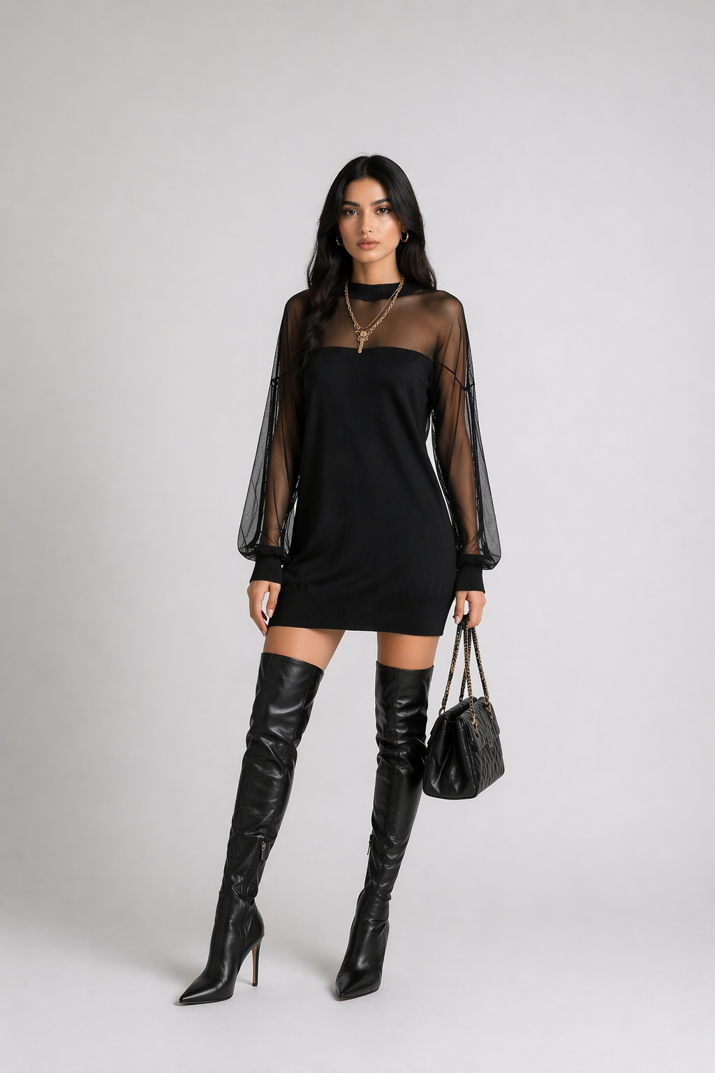Black Sheer Mesh Sleeve Mini Dress with High Neck - NOCTRA