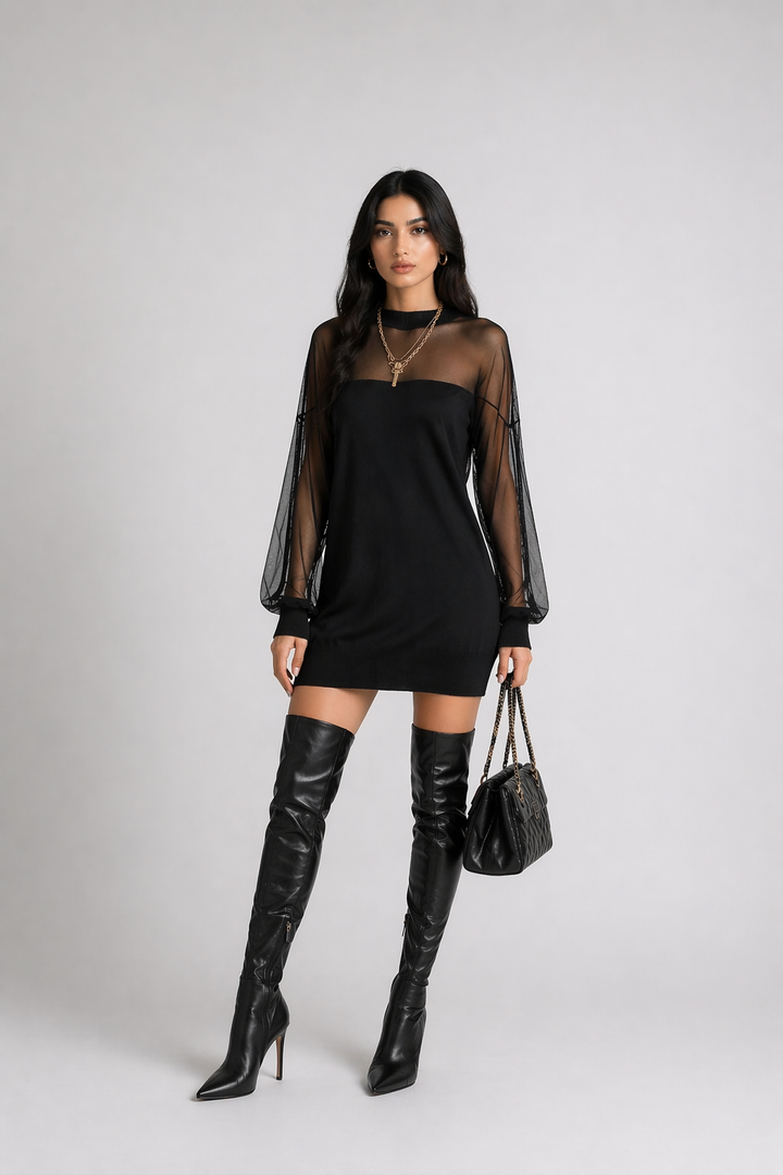 Black Sheer Mesh Sleeve Mini Dress with High Neck - NOCTRA