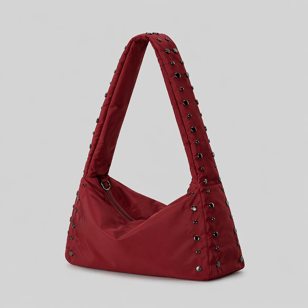 Beige Studded Shoulder Bag with Zipper Closure-SCULPT