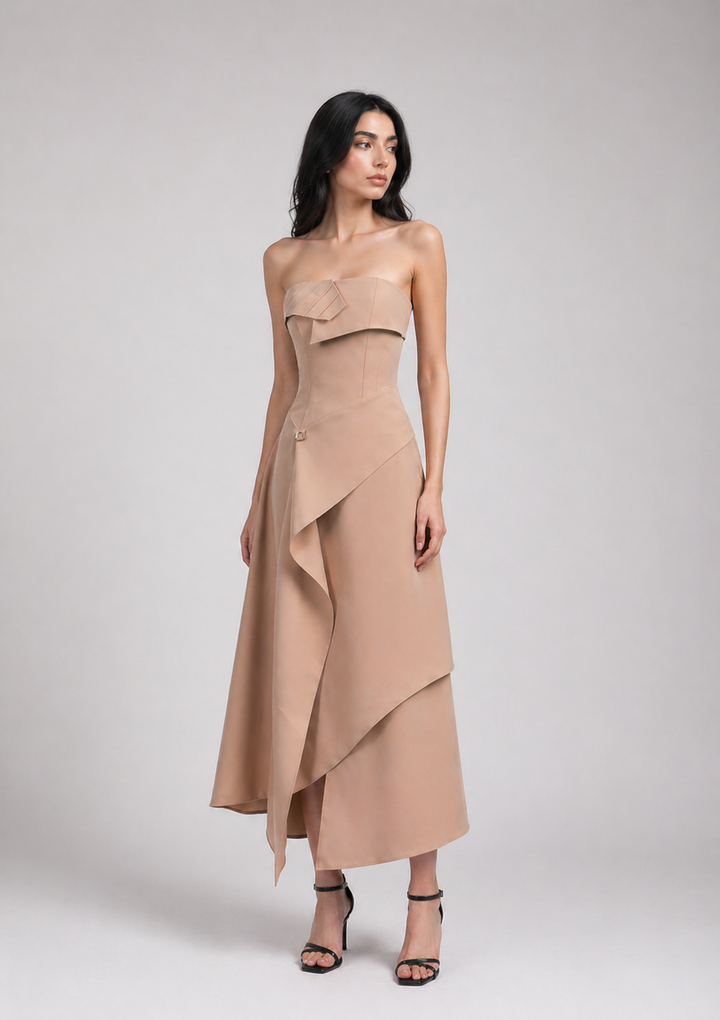 Beige Strapless Draped Midi Dress - SCULPTA