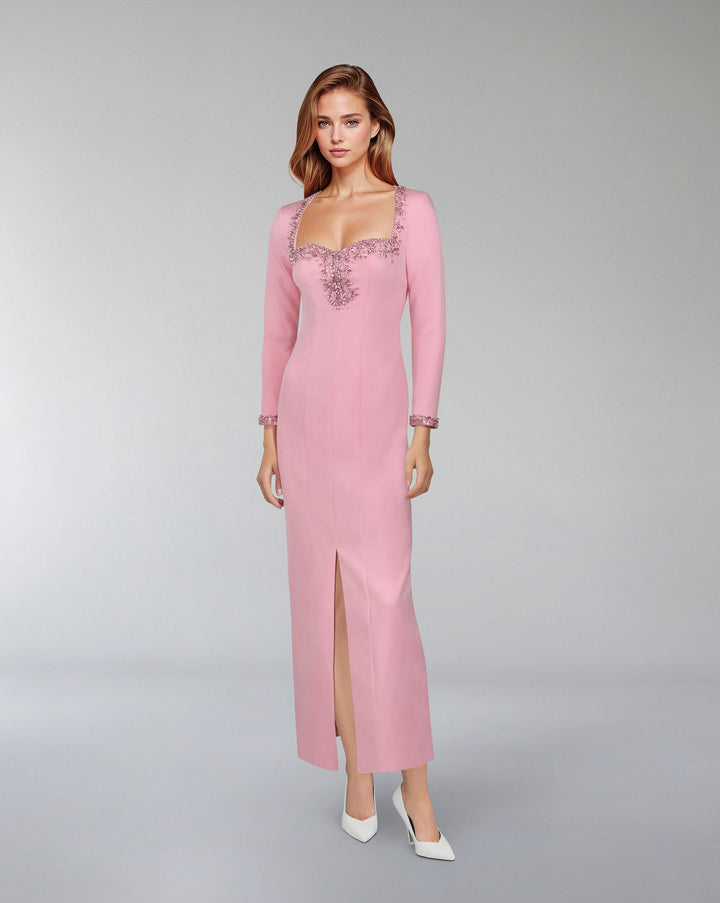 Beaded hearth neckline dress with front slit ODD-Lordin