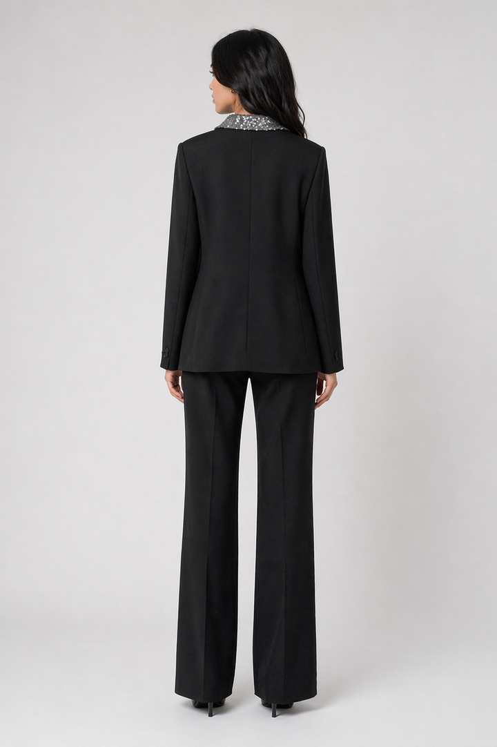 Black Blazer with Sequin Shawl Collar - LUXARA