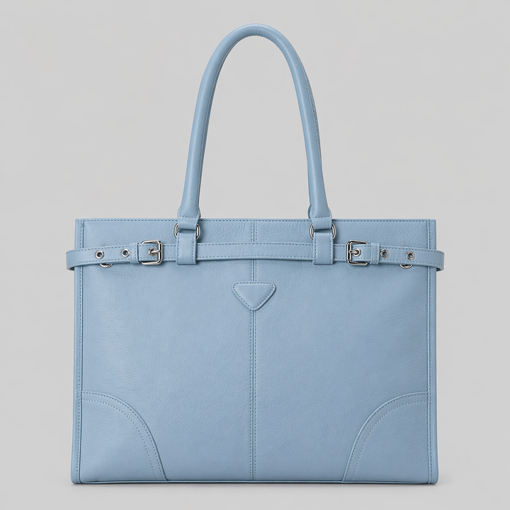 Blue Leather Shoulder Tote Bag with Adjustable Strap Detail - AZURA