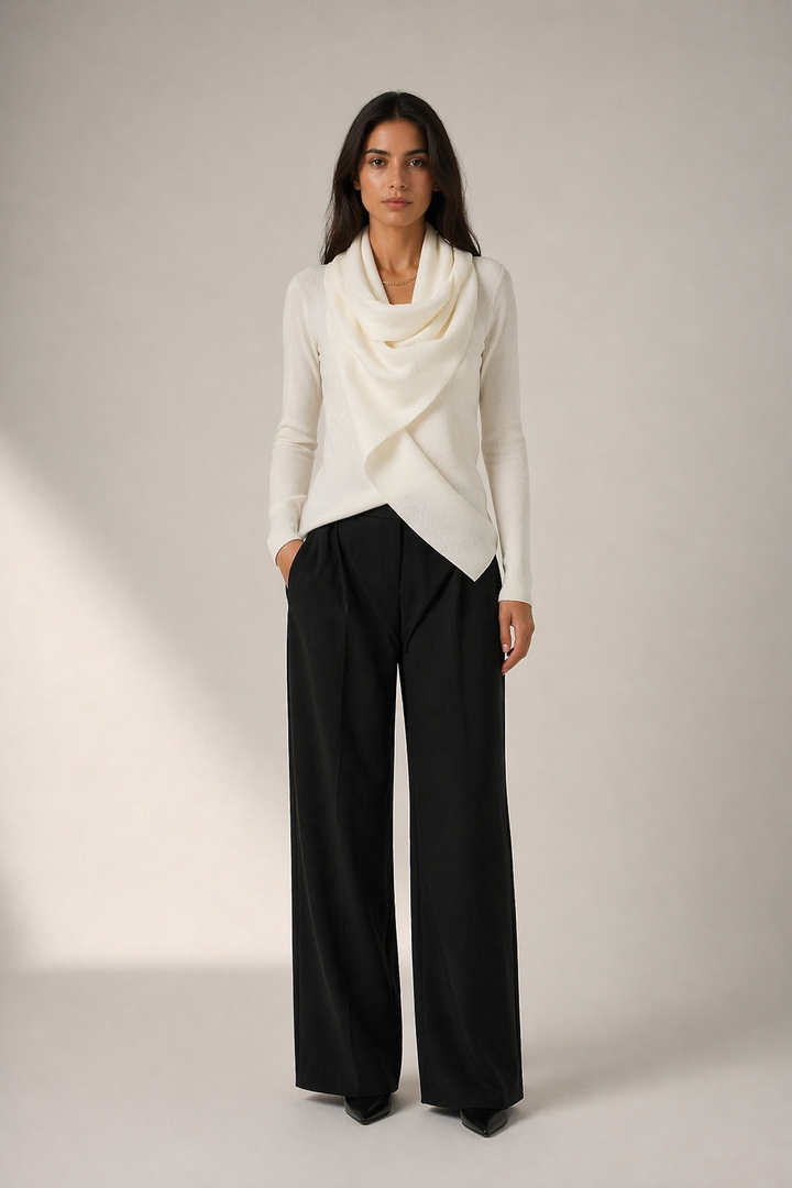 White Wrap Knit Sweater with Draped Scarf Collar - ELORIA