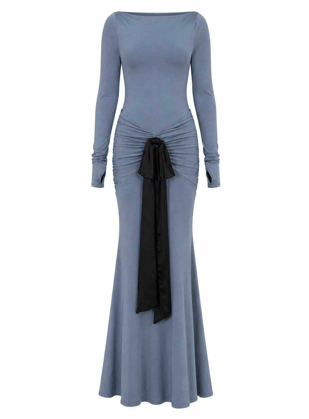Dusty Blue Ruched Maxi Dress with Black Tie- AURÉLIA