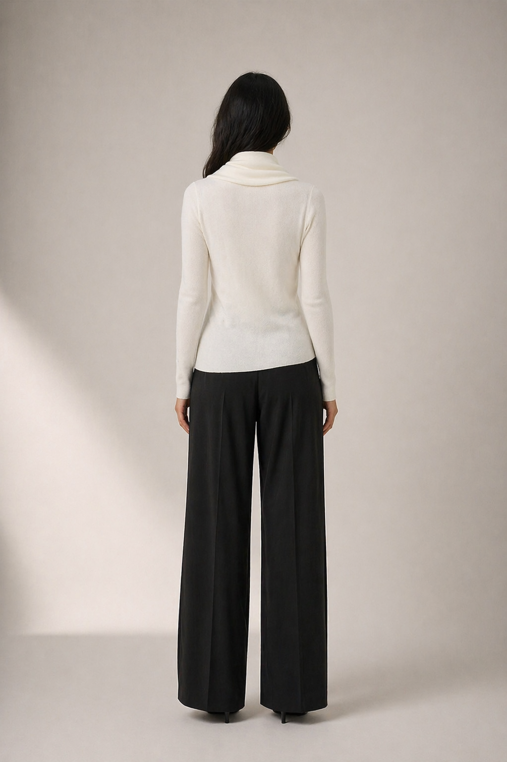 White Wrap Knit Sweater with Draped Scarf Collar - ELORIA