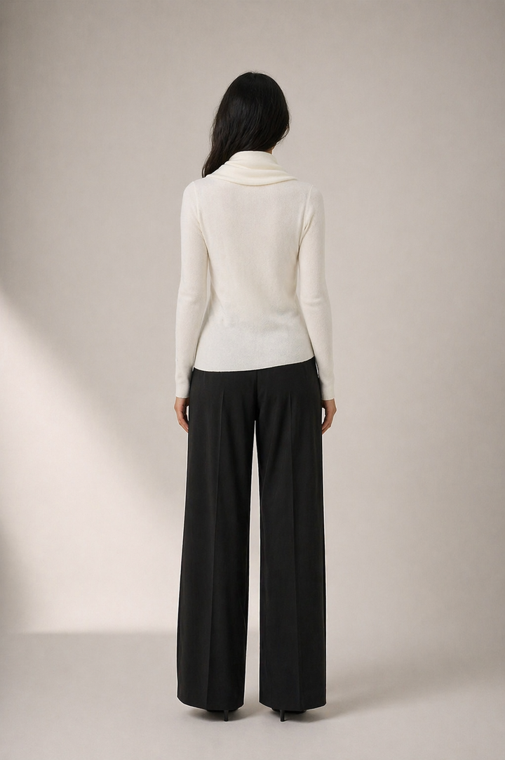 White Wrap Knit Sweater with Draped Scarf Collar - ELORIA