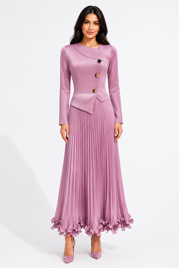Pleated Button Detail Maxi Dress - Mocha