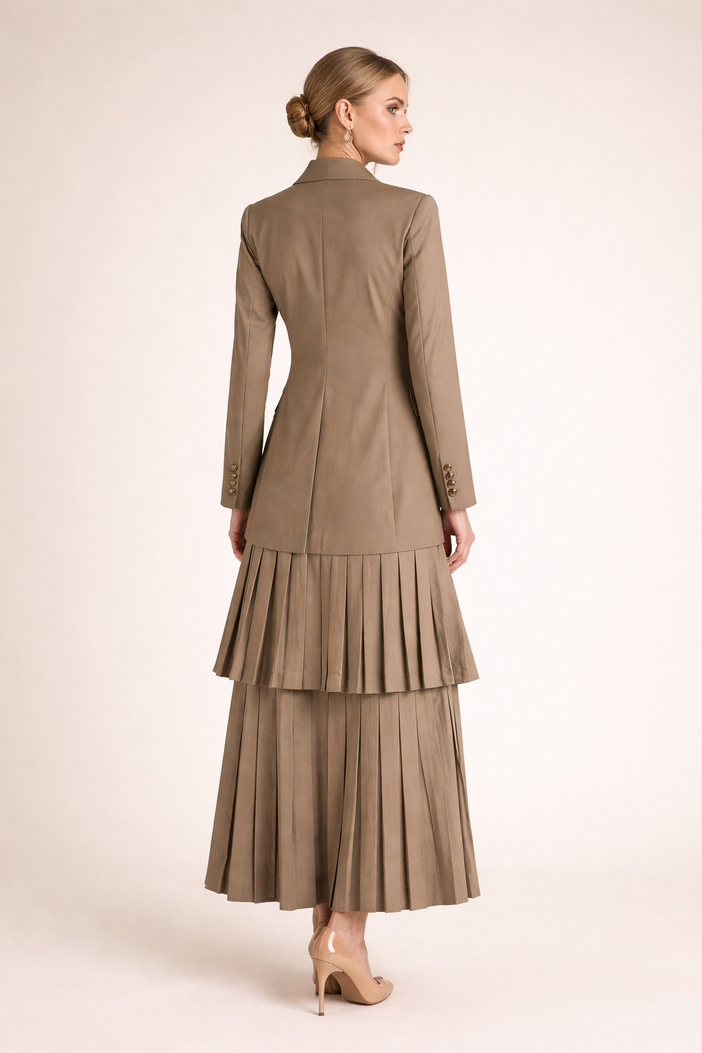 double-breasted blazer with layered pleated skirt set – OLIVE