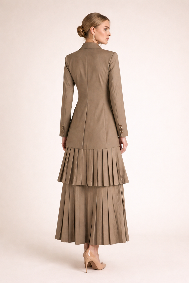 double-breasted blazer with layered pleated skirt set – OLIVE