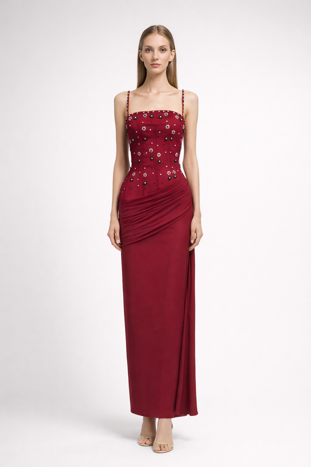 spaghetti strap fitted midi dress with floral crystal embellishments – RUBY