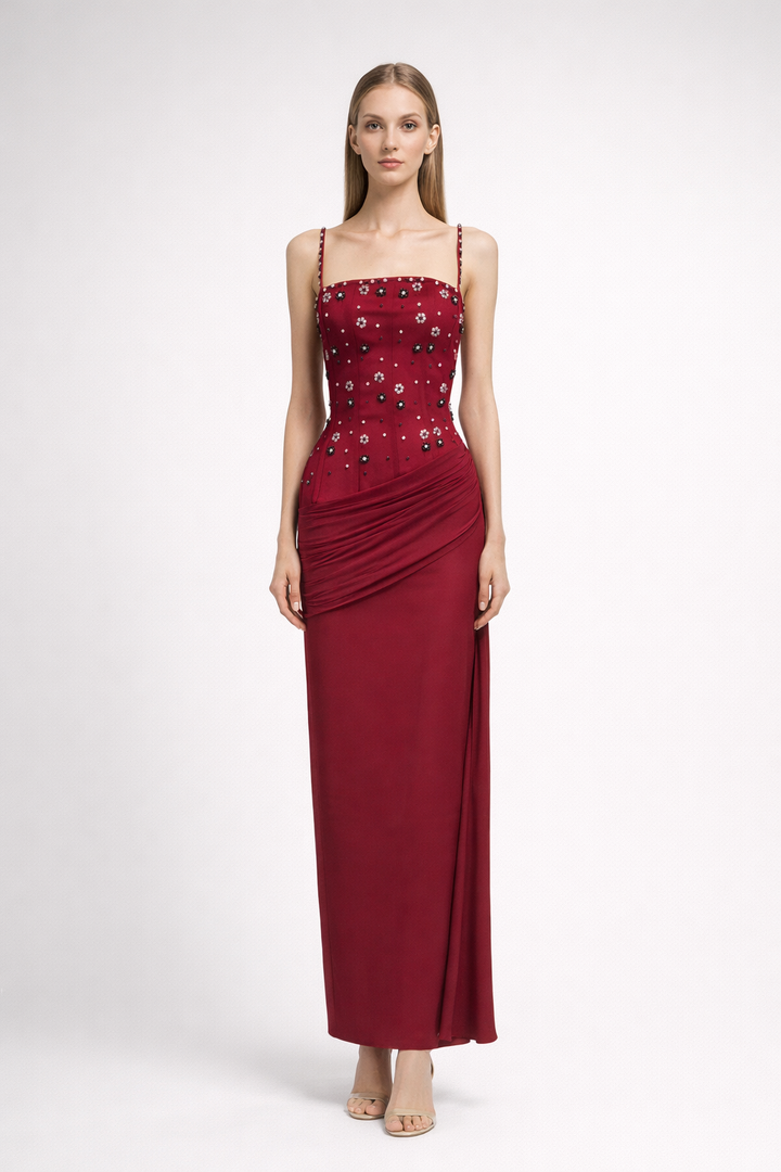 spaghetti strap fitted midi dress with floral crystal embellishments – RUBY