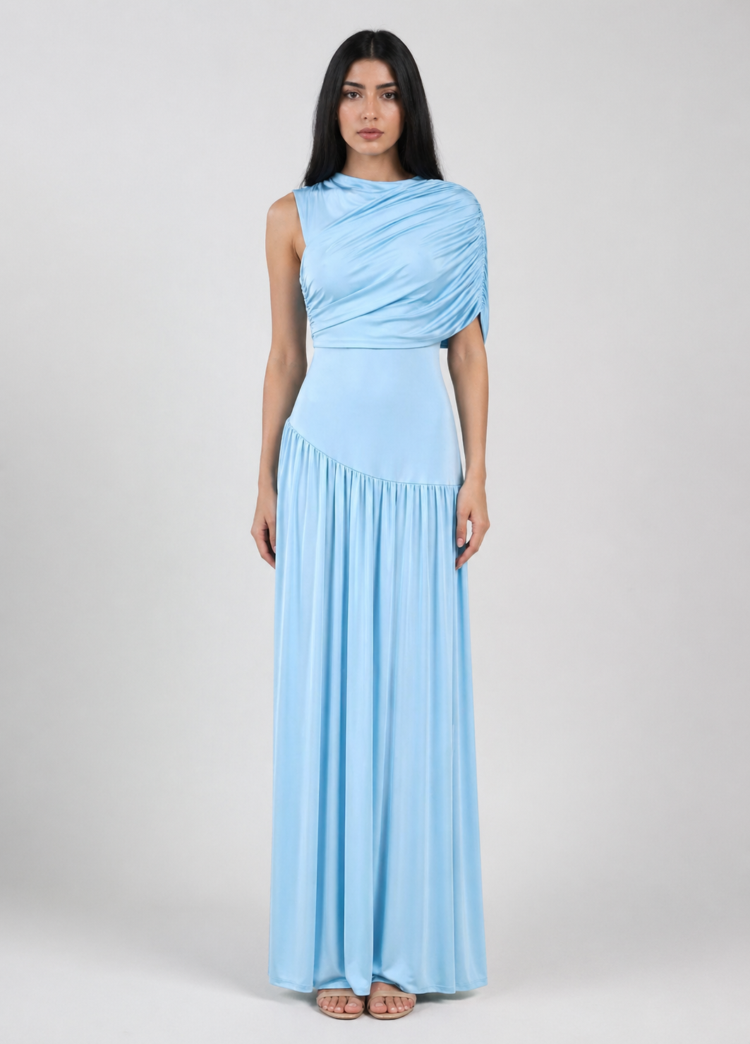 Sky Blue One-Shoulder Draped Maxi Dress - AZURIA