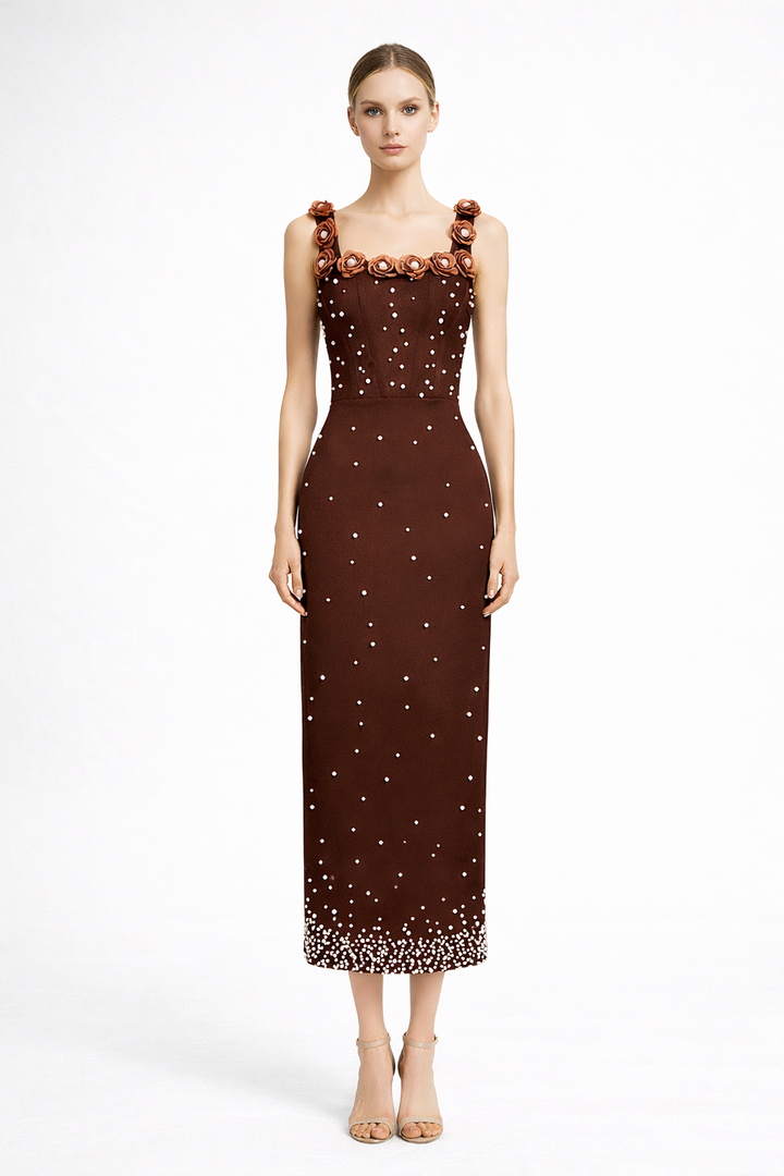 sleeveless fitted midi dress with pearl embellishments and floral straps – PEARL