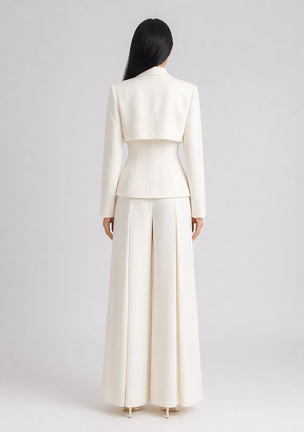 White Tailored Blazer and Wide-Leg Pants Set with Layered Detail - AURELIA