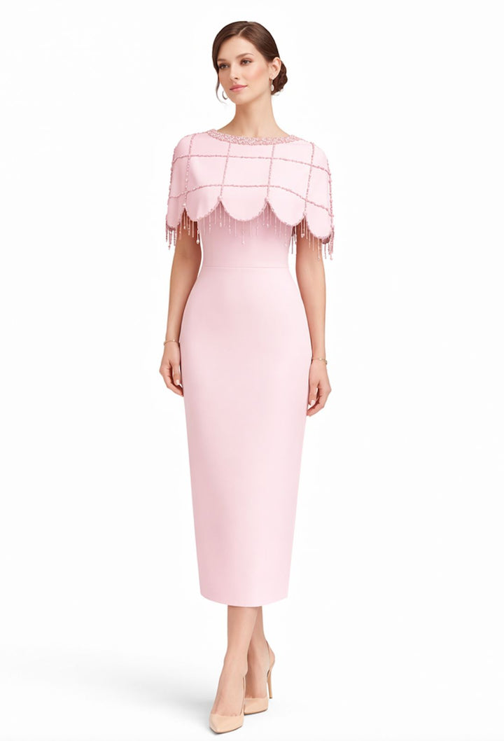 midi column dress with beaded cape overlay – ROSÉLLE