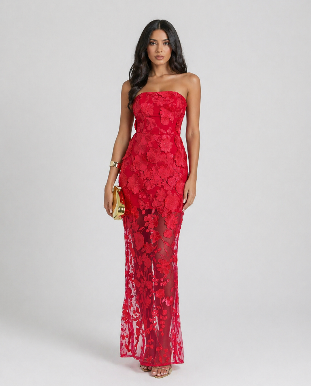 Sheer Floral Lace Strapless Maxi Dress - FIORELLA