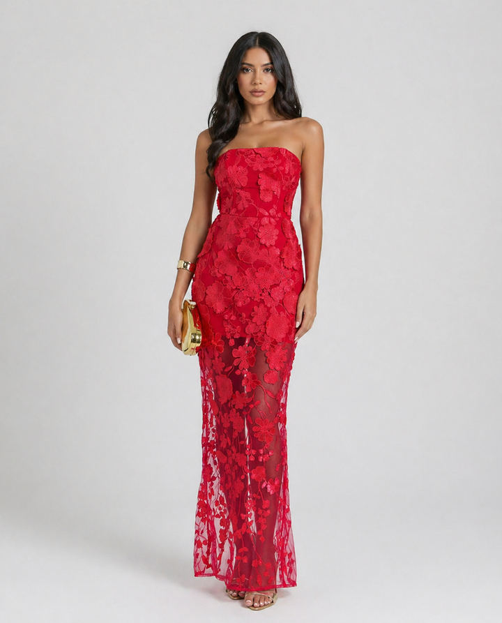 Sheer Floral Lace Strapless Maxi Dress - FIORELLA
