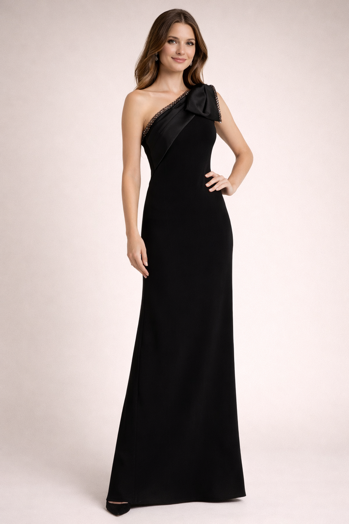 one-shoulder draped column dress with embellished trim – VALERIA