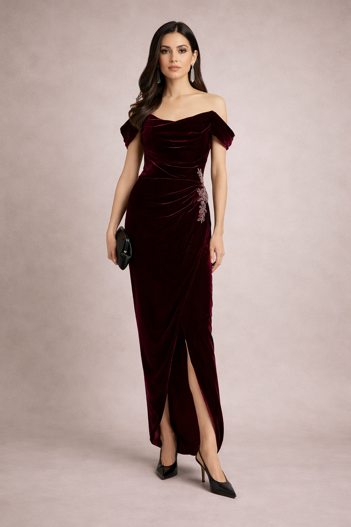 off-shoulder velvet column dress with draped bodice – EZAT