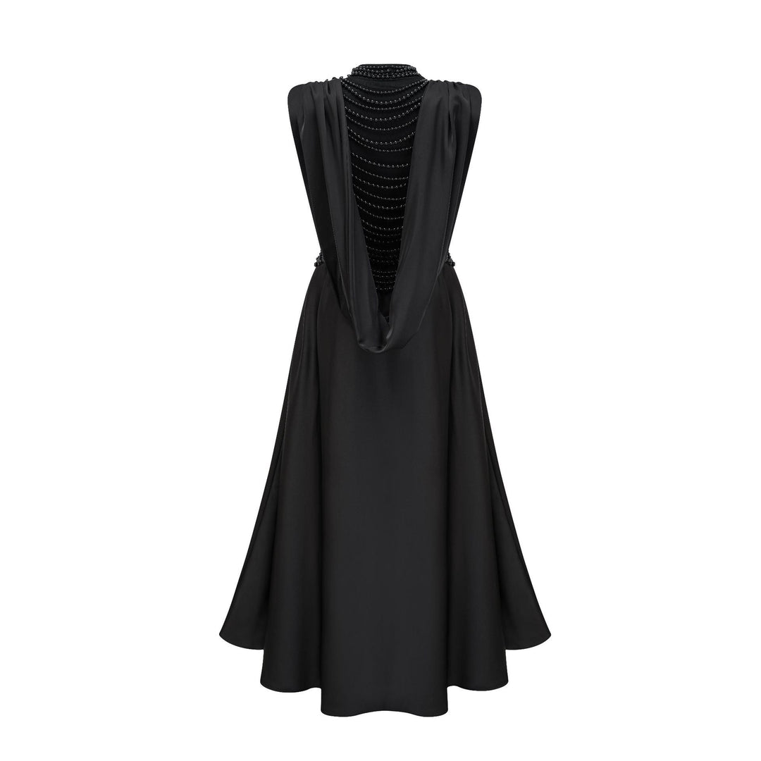 sleeveless draped evening dress with embellished neckline – NOIR