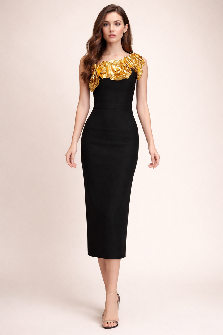 one-shoulder column dress with metallic ruffle neckline – AURELIA