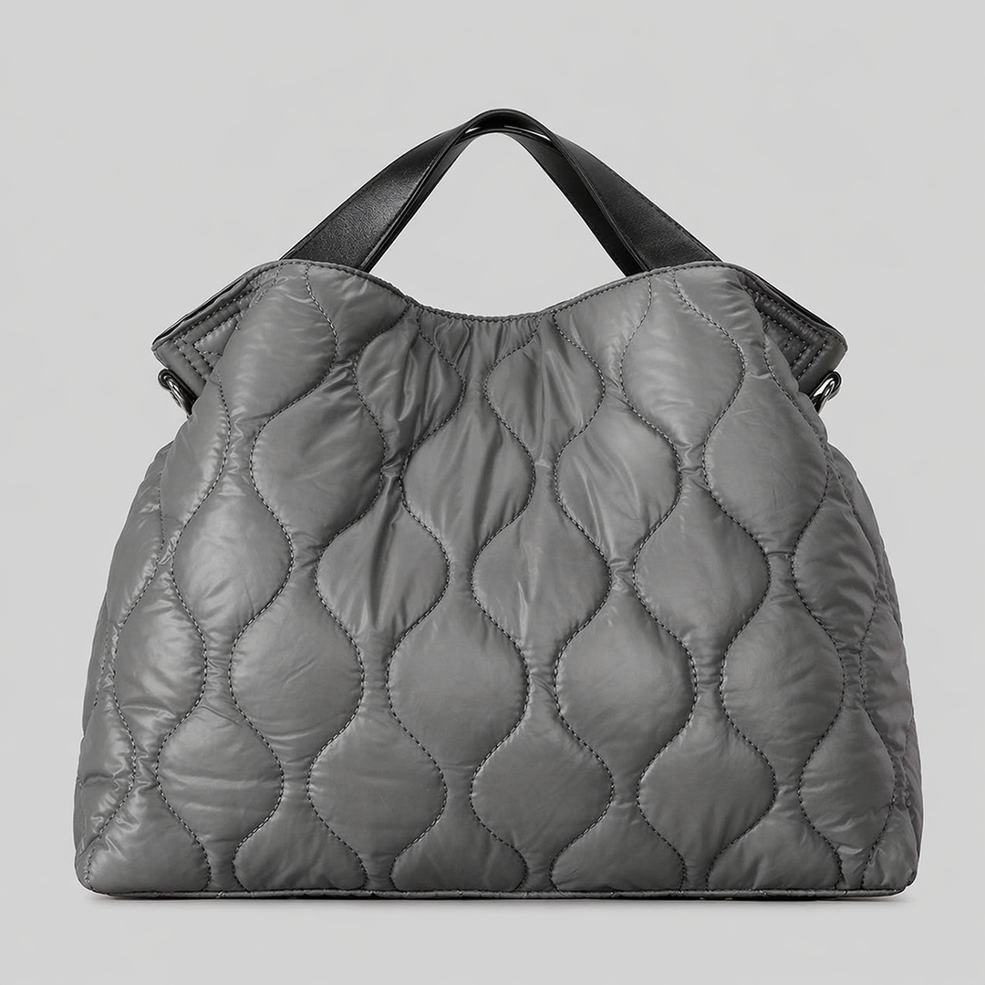 Black Quilted Puffer Shoulder Tote Bag with Top Handle - VARENA