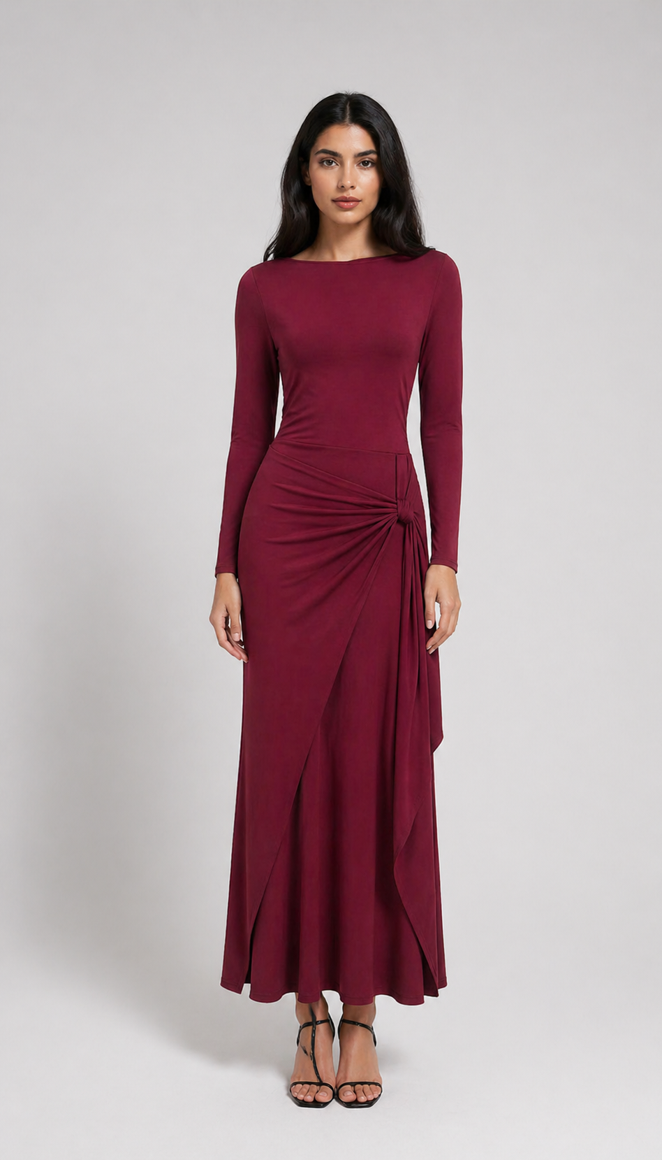 Burgundy Draped Knot Maxi Dress-VELORA