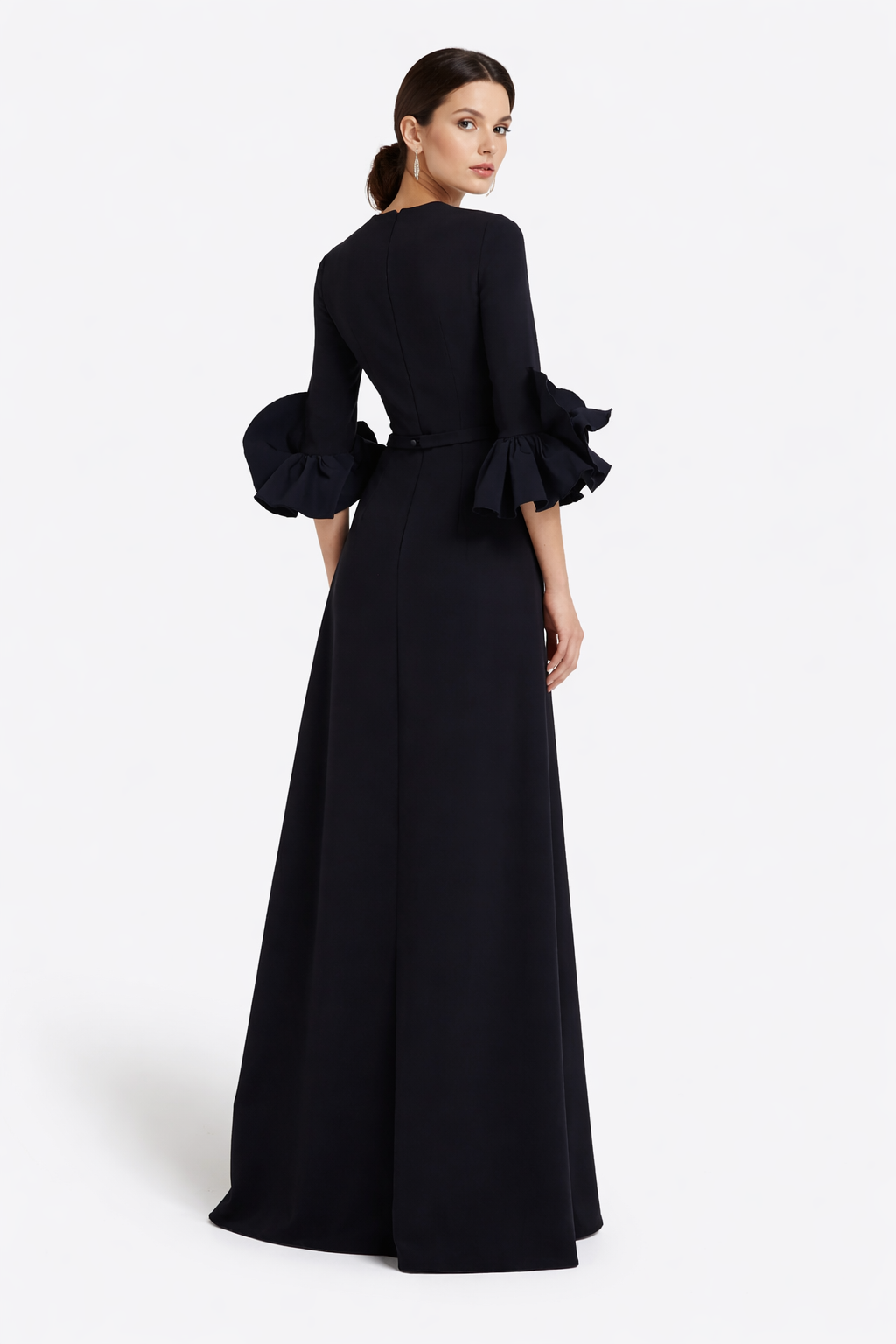 belted maxi dress with organza ruffle cuffs – NAVELLA