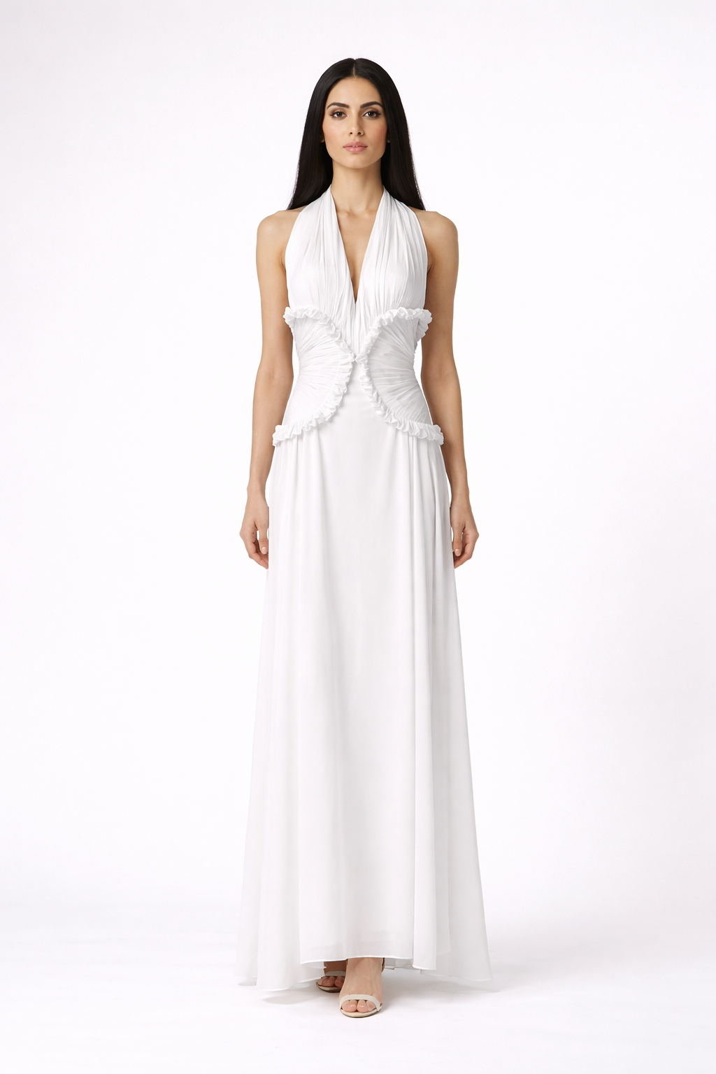 halter neck maxi dress with ruched ruffle waist – SOLARA