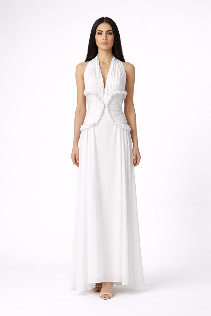 halter neck maxi dress with ruched ruffle waist – SOLARA