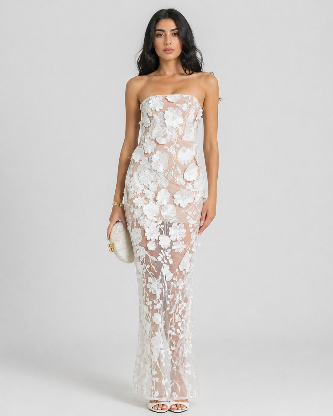 Sheer Floral Lace Strapless Maxi Dress - FIORELLA