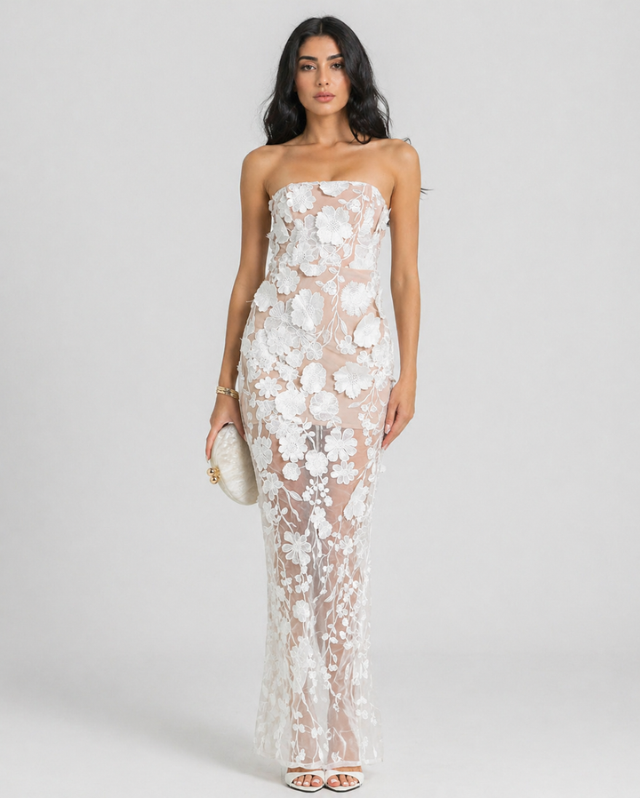 Sheer Floral Lace Strapless Maxi Dress - FIORELLA