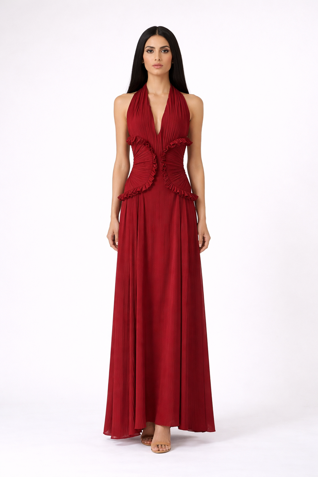 halter neck maxi dress with ruched ruffle waist – SOLARA