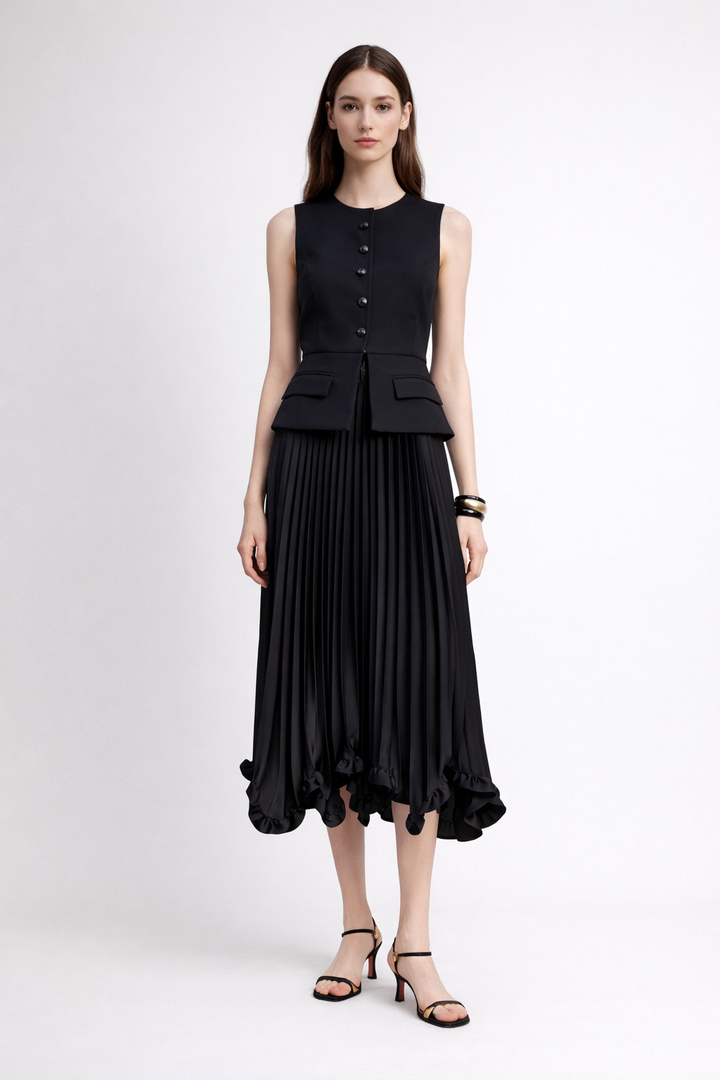 high-waist pleated midi skirt with ruffled hem – FLOW
