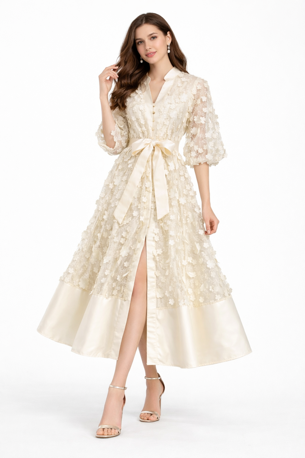 floral lace midi dress with satin hem and waist bow – ODD- BODY