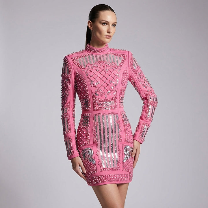 long sleeve embellished mini dress with high neck detail – EMPRESS