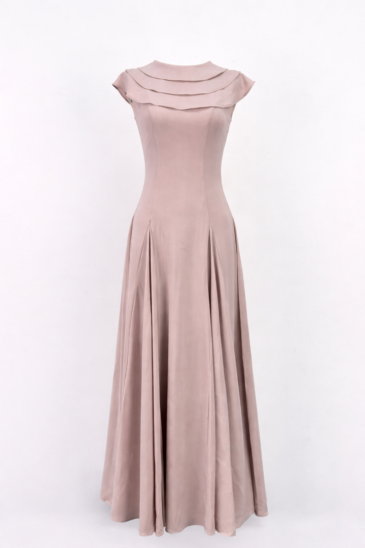 cap sleeve maxi dress with layered neckline and pleated skirt – BLUSH