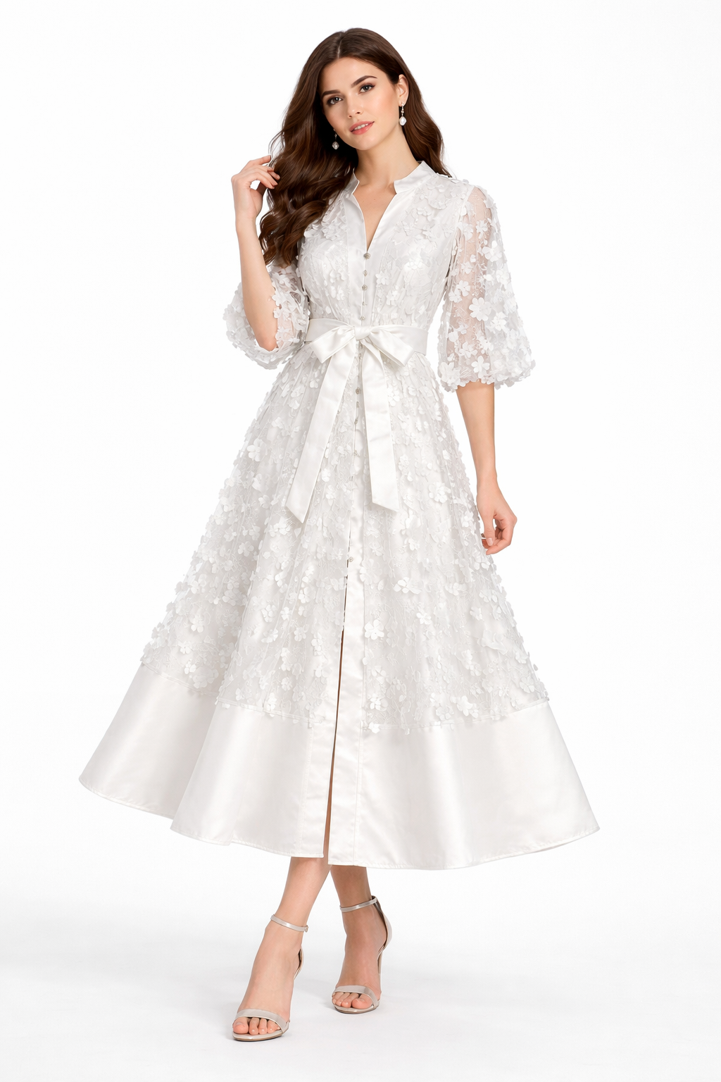 floral lace midi dress with satin hem and waist bow – ODD- BODY