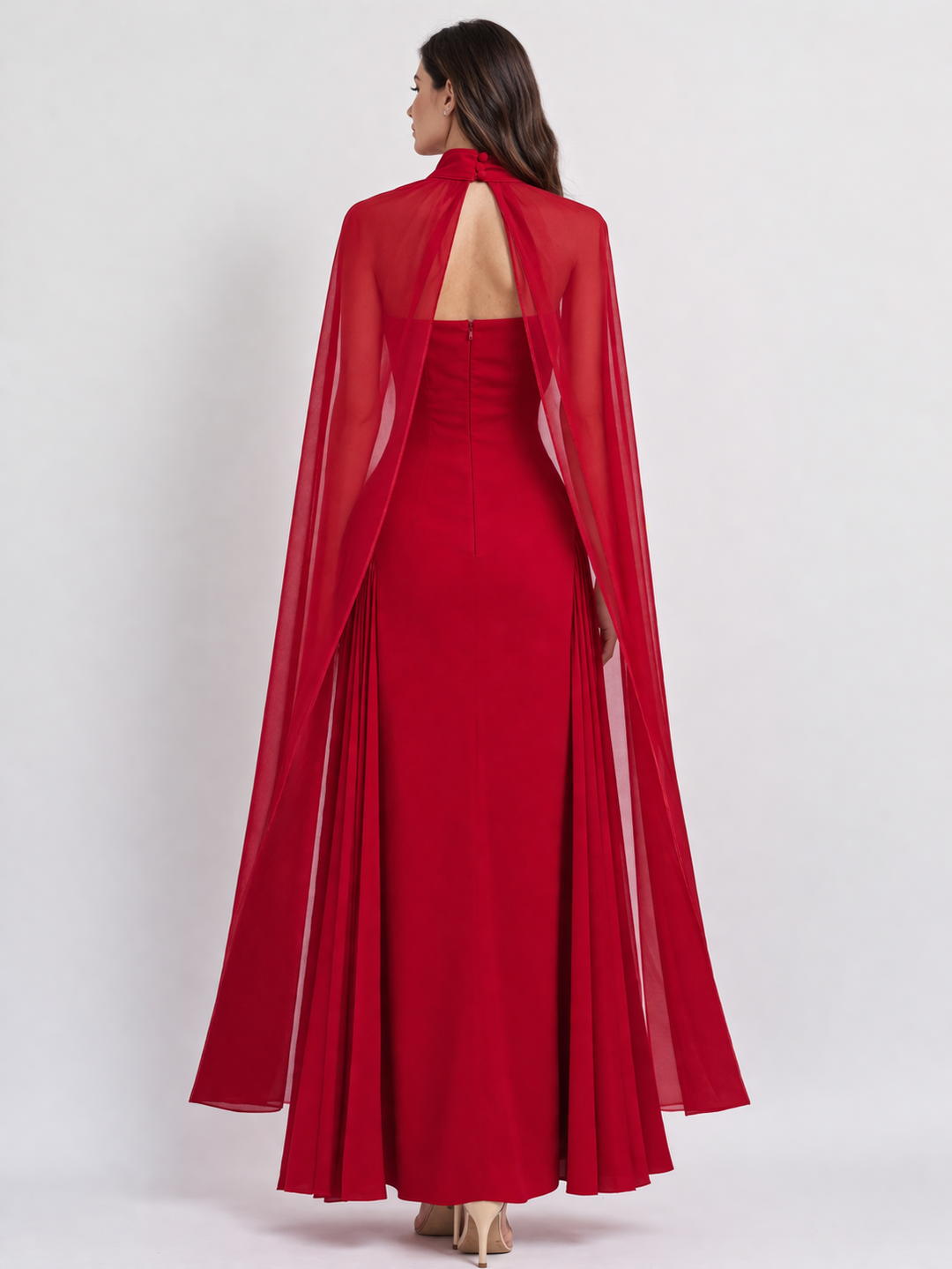 sleeveless midi dress with sheer cape overlay – SCARLET