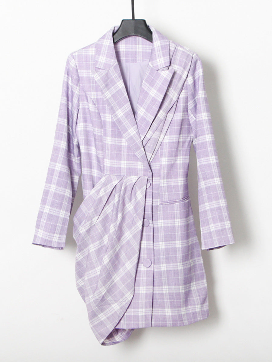 long sleeve plaid blazer dress with asymmetrical draped detail – LAVIN