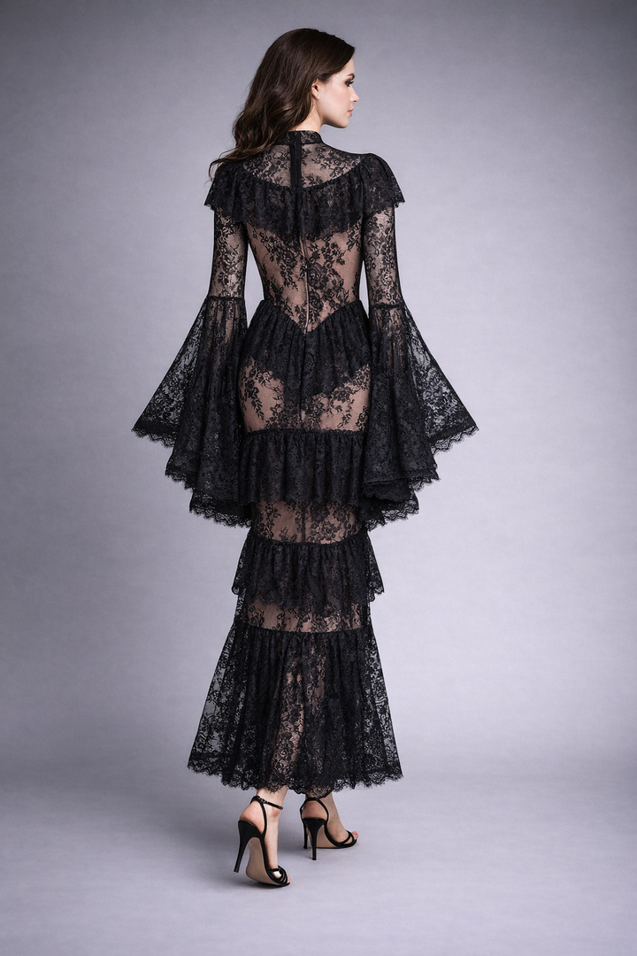 high neck lace ruffle dress with sheer panels – NOIR