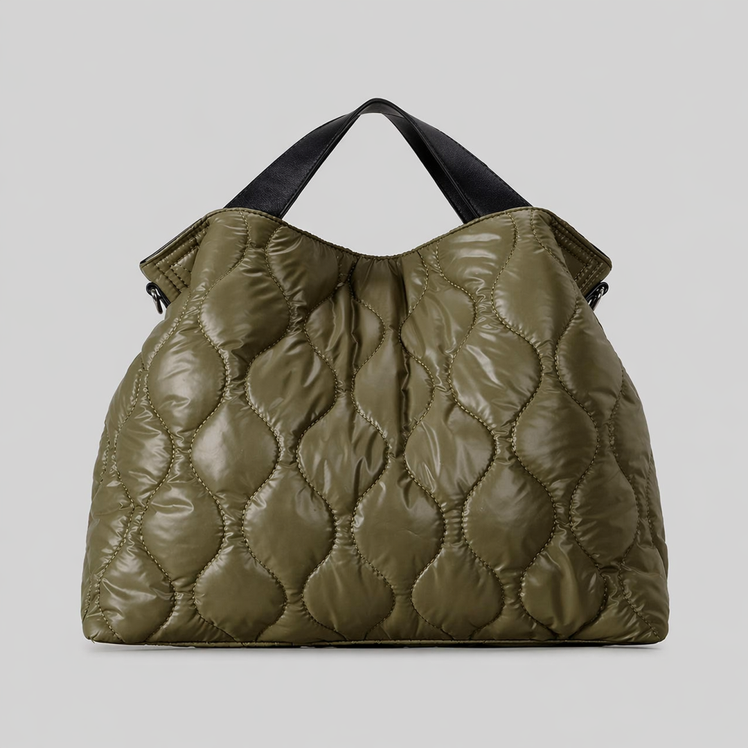 Black Quilted Puffer Shoulder Tote Bag with Top Handle - VARENA